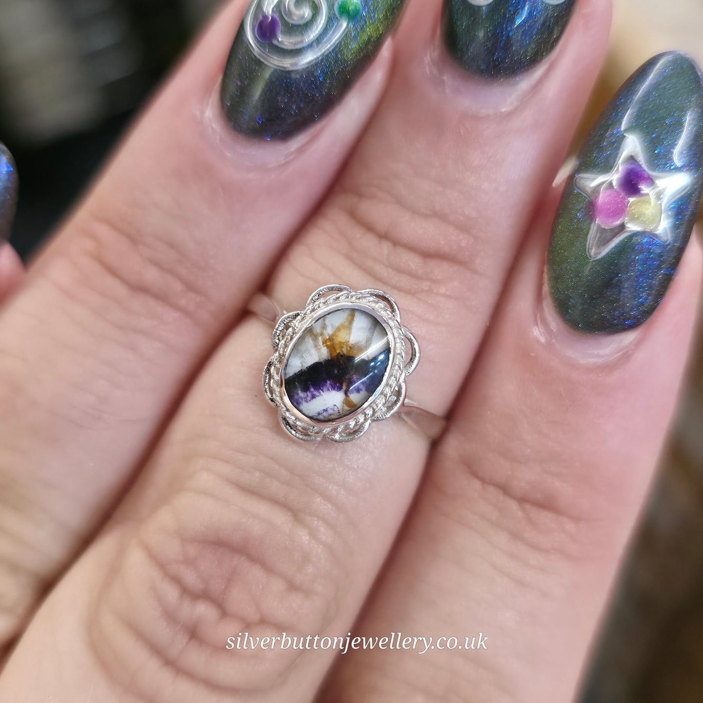 Sterling Silver Vintage Traditional Oval Blue John Filigree Edge Solitaire Ring