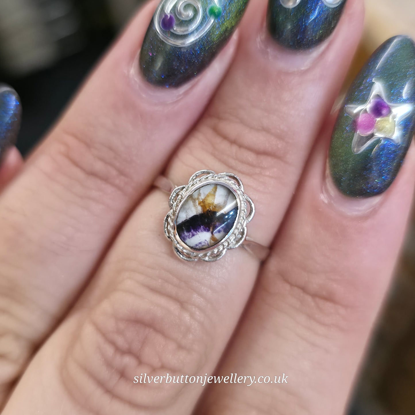 Sterling Silver Vintage Traditional Oval Blue John Filigree Edge Solitaire Ring