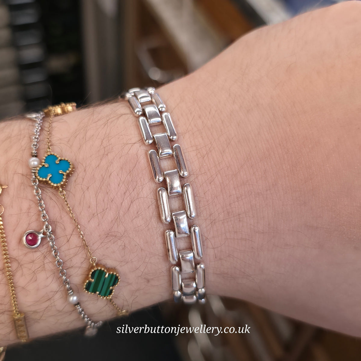 Sterling Silver Long Open Square Bubbled Link Bracelet