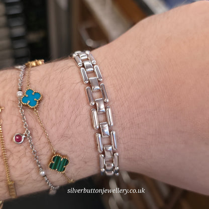 Sterling Silver Long Open Square Bubbled Link Bracelet