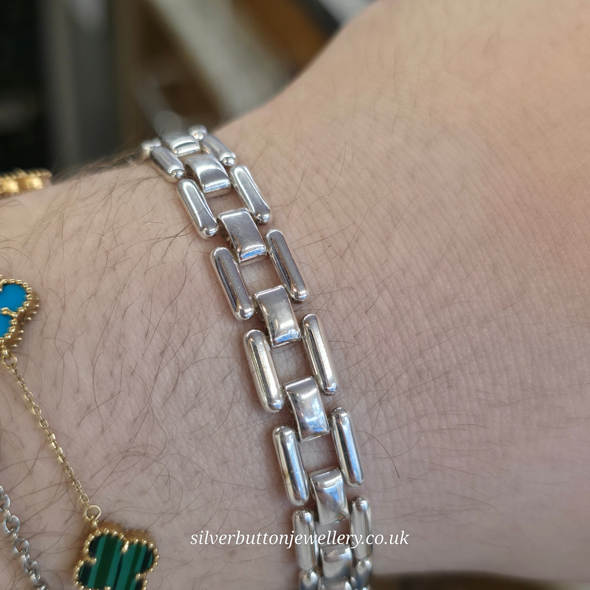 Sterling Silver Long Open Square Bubbled Link Bracelet