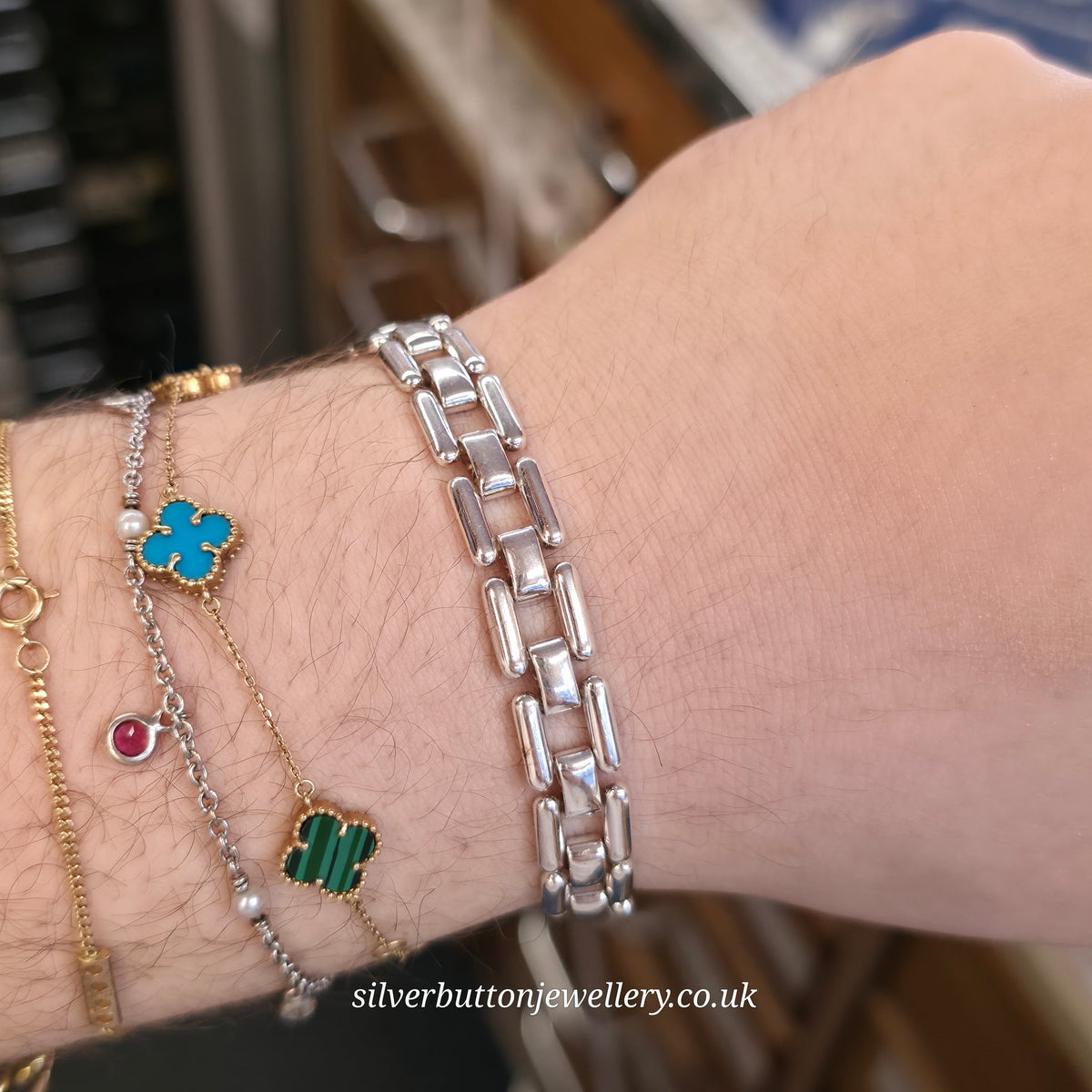 Sterling Silver Long Open Square Bubbled Link Bracelet