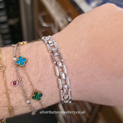 Sterling Silver Long Open Square Bubbled Link Bracelet