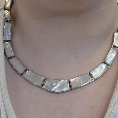 Sterling Silver Chunky Mother Of Pearl Panel Collar Necklace