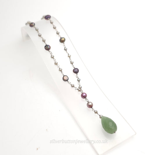 Sterling Silver Vintage Pearl And Green Stone Station / Y-Drop Necklace