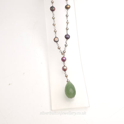 Sterling Silver Vintage Pearl And Green Stone Station / Y-Drop Necklace