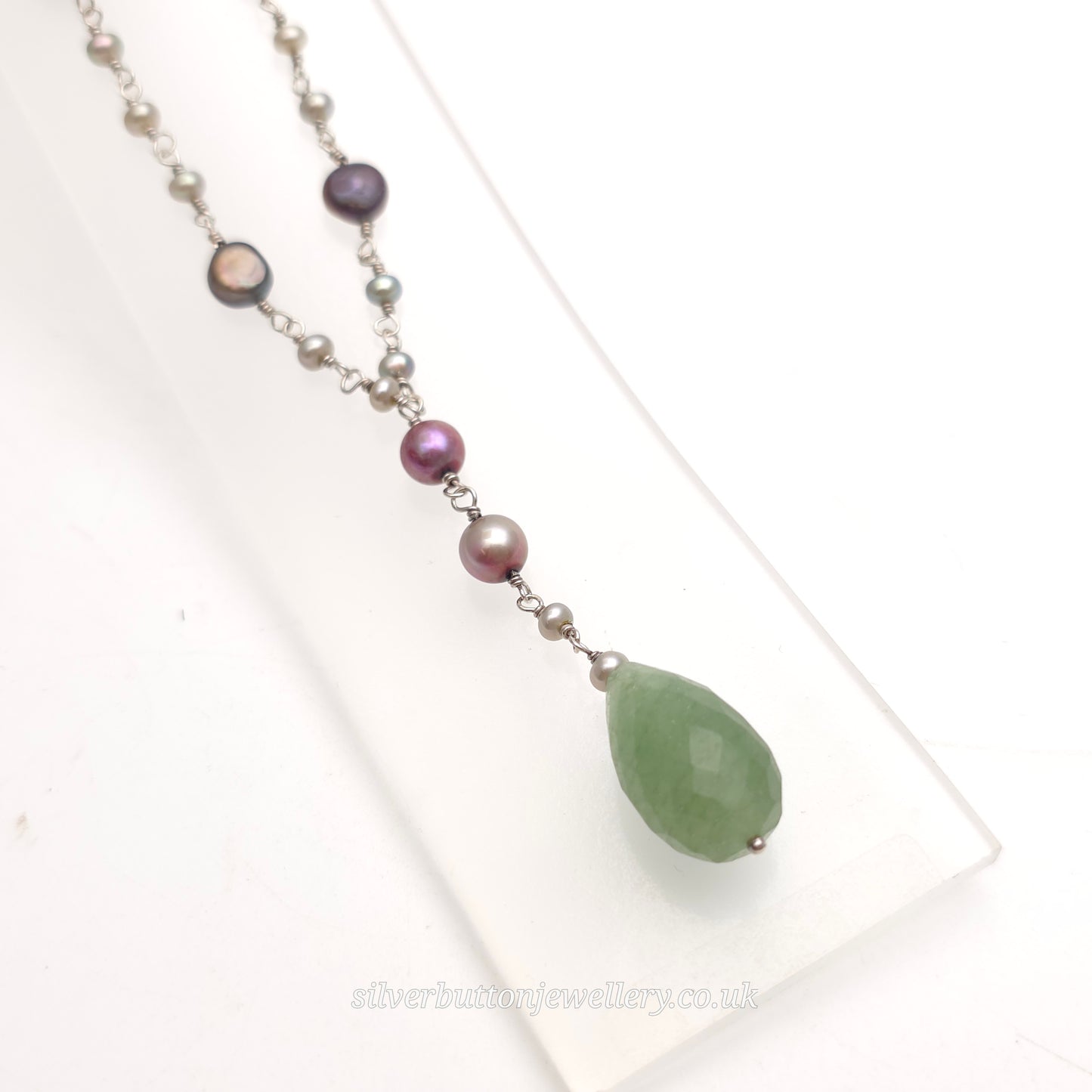 Sterling Silver Vintage Pearl And Green Stone Station / Y-Drop Necklace