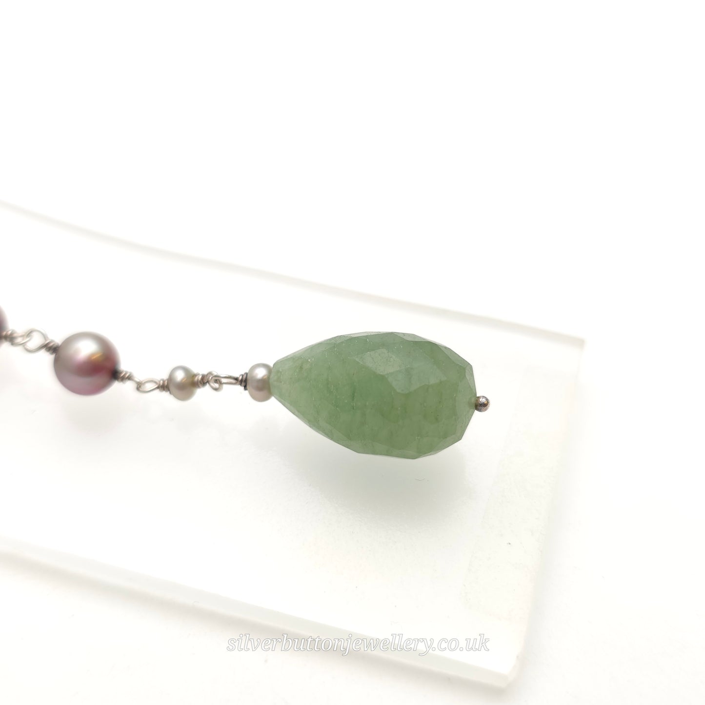 Sterling Silver Vintage Pearl And Green Stone Station / Y-Drop Necklace
