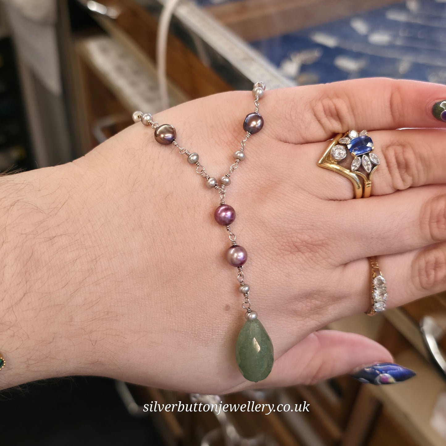 Sterling Silver Vintage Pearl And Green Stone Station / Y-Drop Necklace