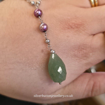 Sterling Silver Vintage Pearl And Green Stone Station / Y-Drop Necklace