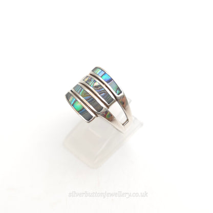 Sterling Silver Multicolour Blue Abalone Shell 4 Row Panel Ring