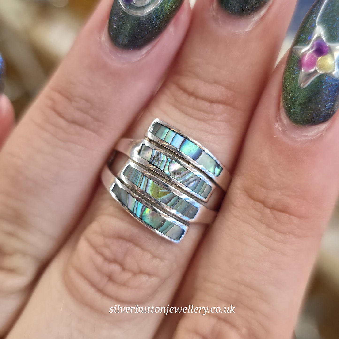 Sterling Silver Multicolour Blue Abalone Shell 4 Row Panel Ring