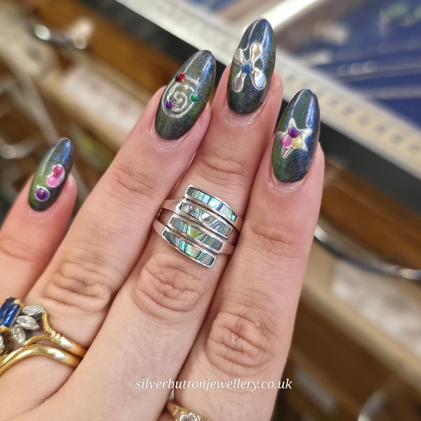 Sterling Silver Multicolour Blue Abalone Shell 4 Row Panel Ring
