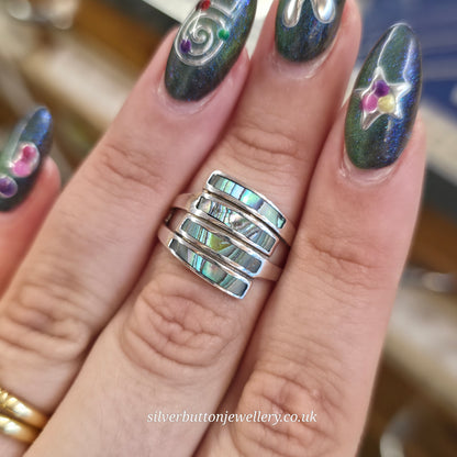 Sterling Silver Multicolour Blue Abalone Shell 4 Row Panel Ring