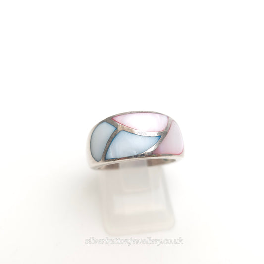 Sterling Silver Chunky Dyed Mother Of Pearl Pink And Blue Panel Ring