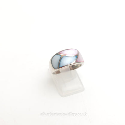 Sterling Silver Chunky Dyed Mother Of Pearl Pink And Blue Panel Ring