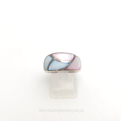 Sterling Silver Chunky Dyed Mother Of Pearl Pink And Blue Panel Ring
