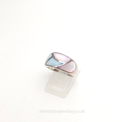 Sterling Silver Chunky Dyed Mother Of Pearl Pink And Blue Panel Ring