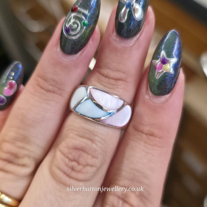 Sterling Silver Chunky Dyed Mother Of Pearl Pink And Blue Panel Ring