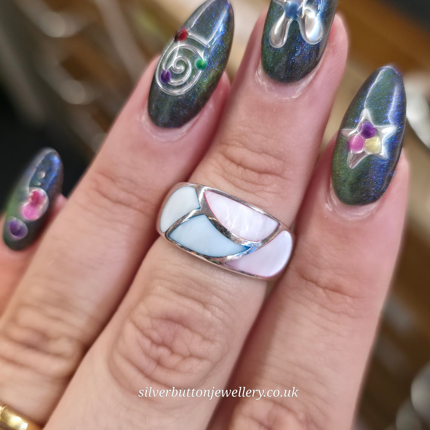 Sterling Silver Chunky Dyed Mother Of Pearl Pink And Blue Panel Ring