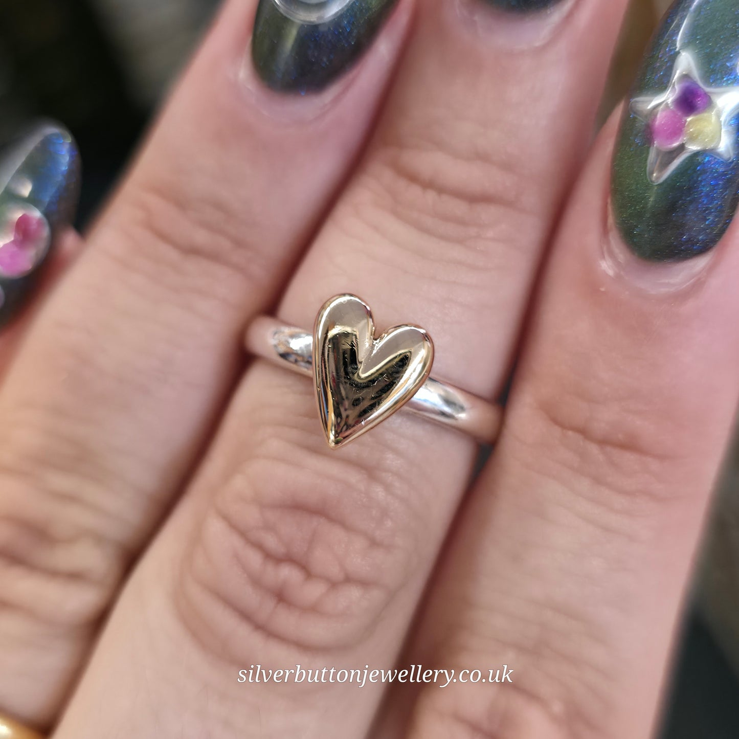 Sterling Silver Gold Plated Chunky Heart Panel Motif Solitaire Ring