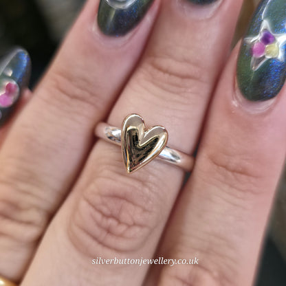 Sterling Silver Gold Plated Chunky Heart Panel Motif Solitaire Ring