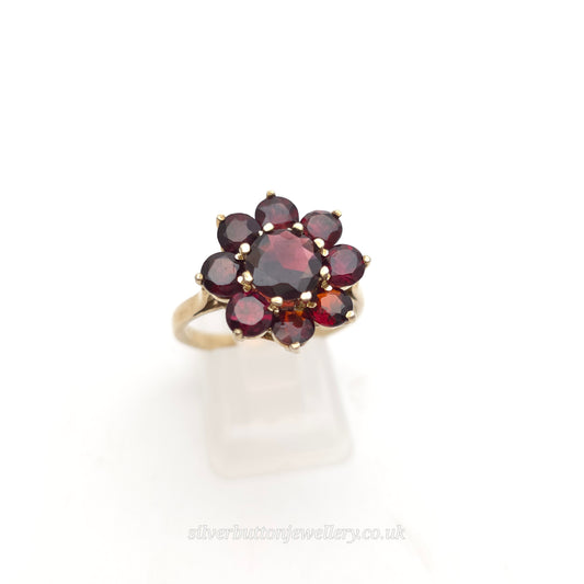 Sterling Silver Gilt Large Round Cut Garnet Cluster Ring