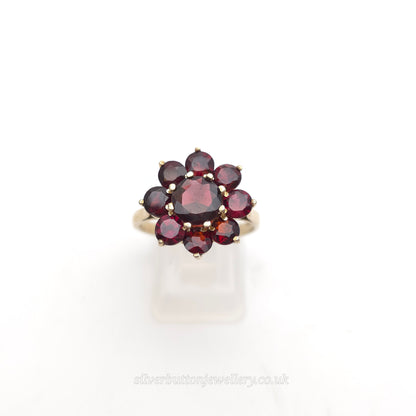 Sterling Silver Gilt Large Round Cut Garnet Cluster Ring
