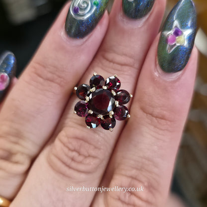 Sterling Silver Gilt Large Round Cut Garnet Cluster Ring
