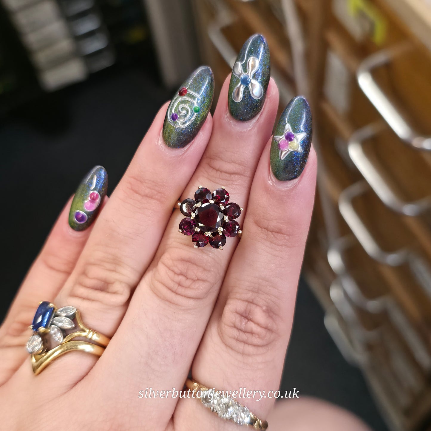 Sterling Silver Gilt Large Round Cut Garnet Cluster Ring