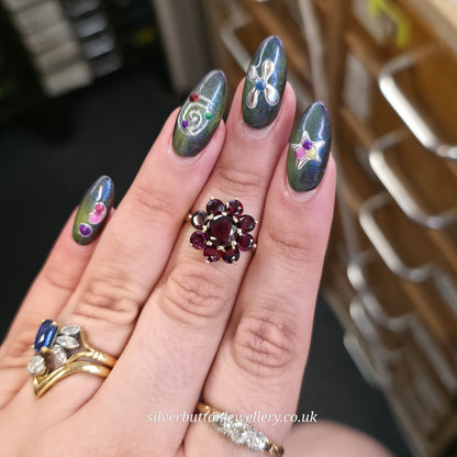 Sterling Silver Gilt Large Round Cut Garnet Cluster Ring