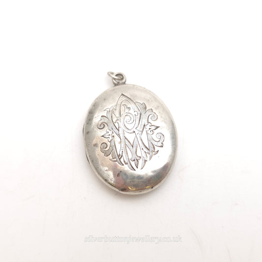 Sterling Silver Antique Engraved Monogrammed Oval Locket Pendant