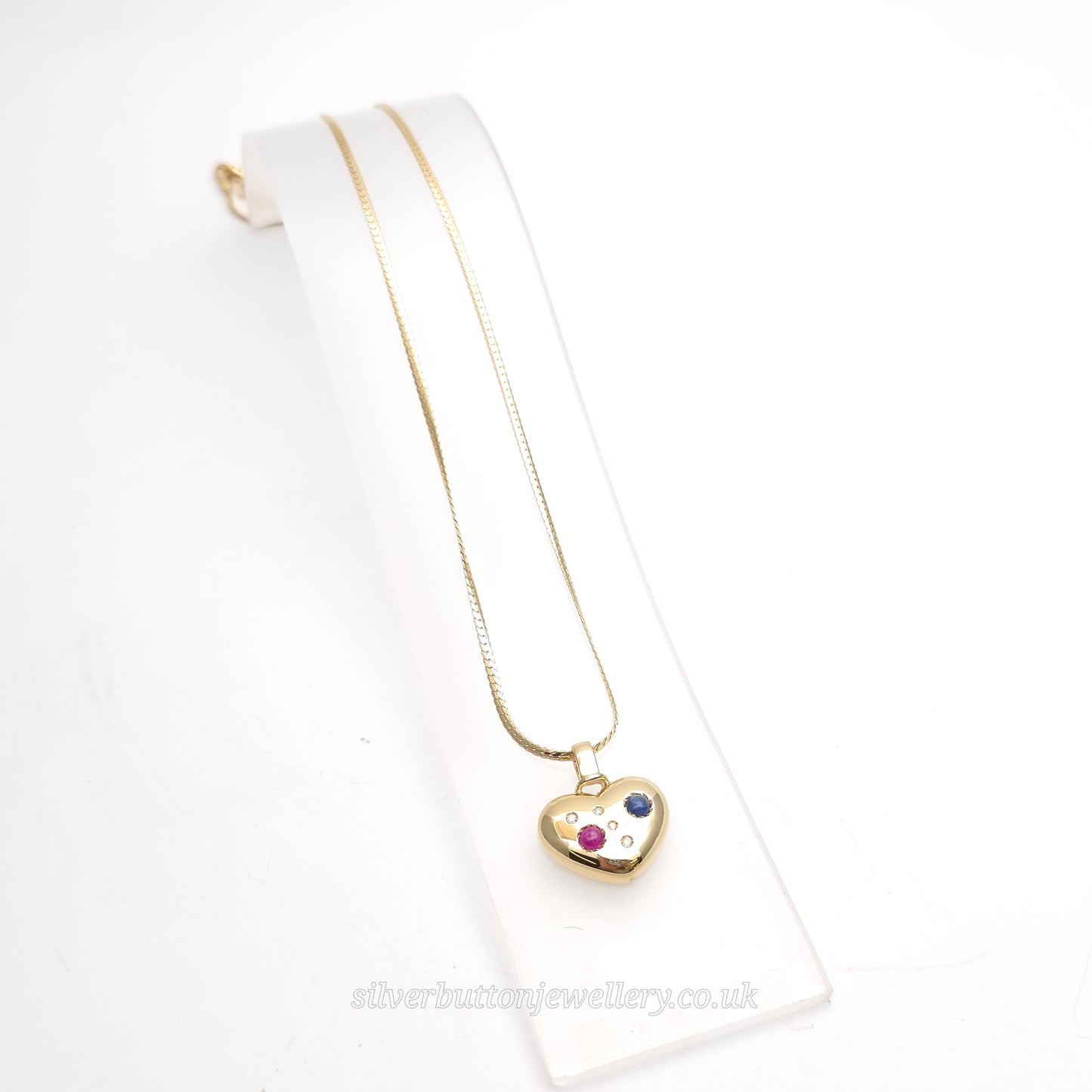 18ct Yellow Gold Vintage Cabochon Ruby And Sapphire And Diamond Heart Necklace