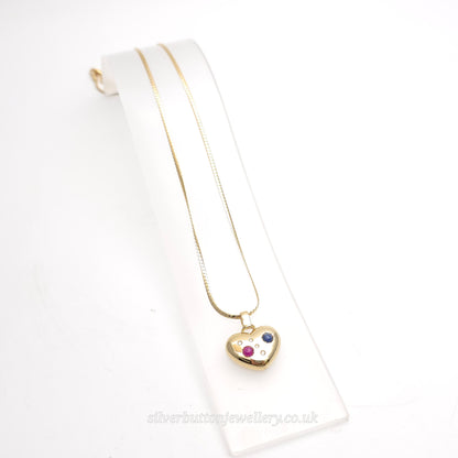 18ct Yellow Gold Vintage Cabochon Ruby And Sapphire And Diamond Heart Necklace