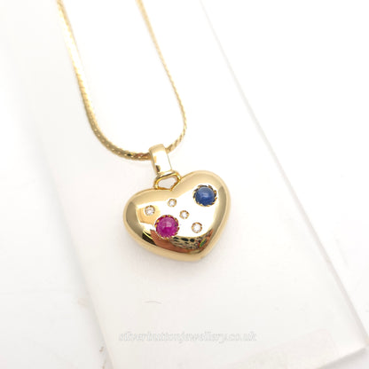 18ct Yellow Gold Vintage Cabochon Ruby And Sapphire And Diamond Heart Necklace