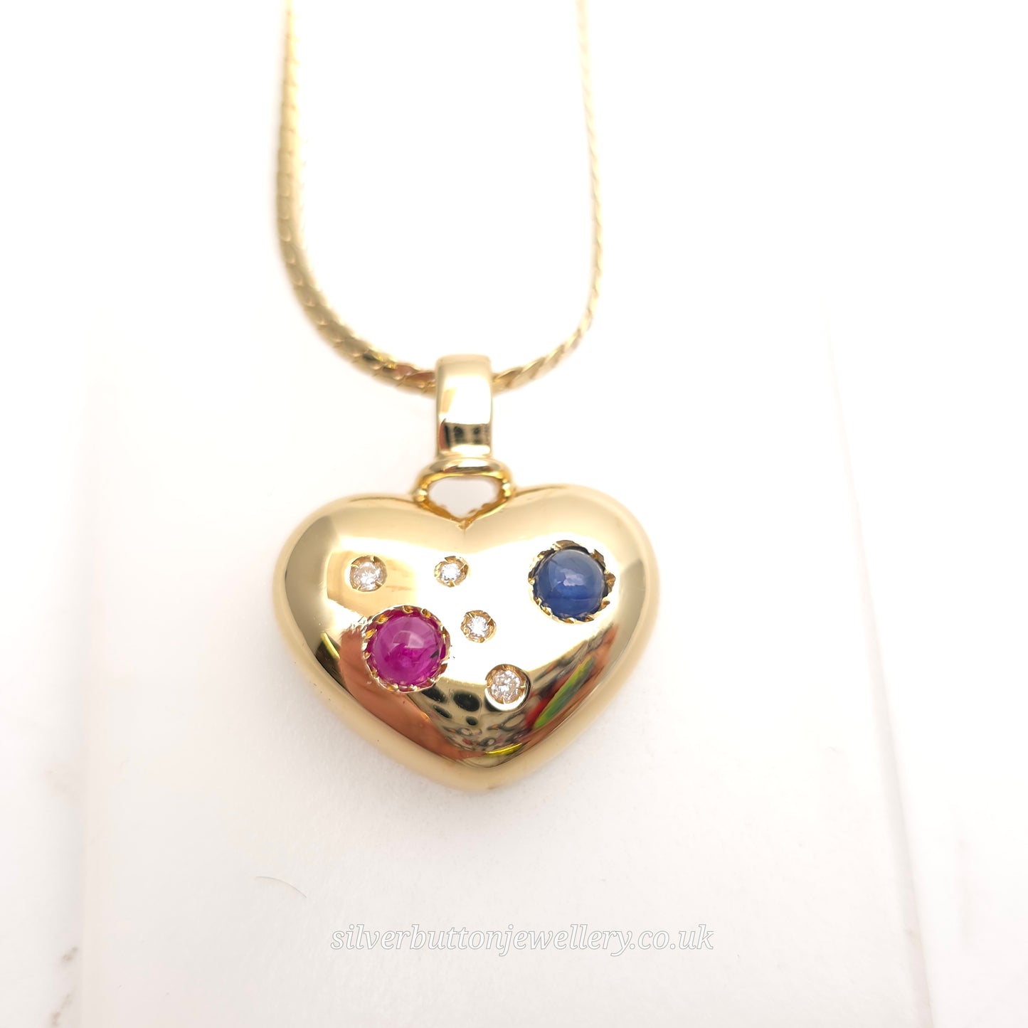 18ct Yellow Gold Vintage Cabochon Ruby And Sapphire And Diamond Heart Necklace