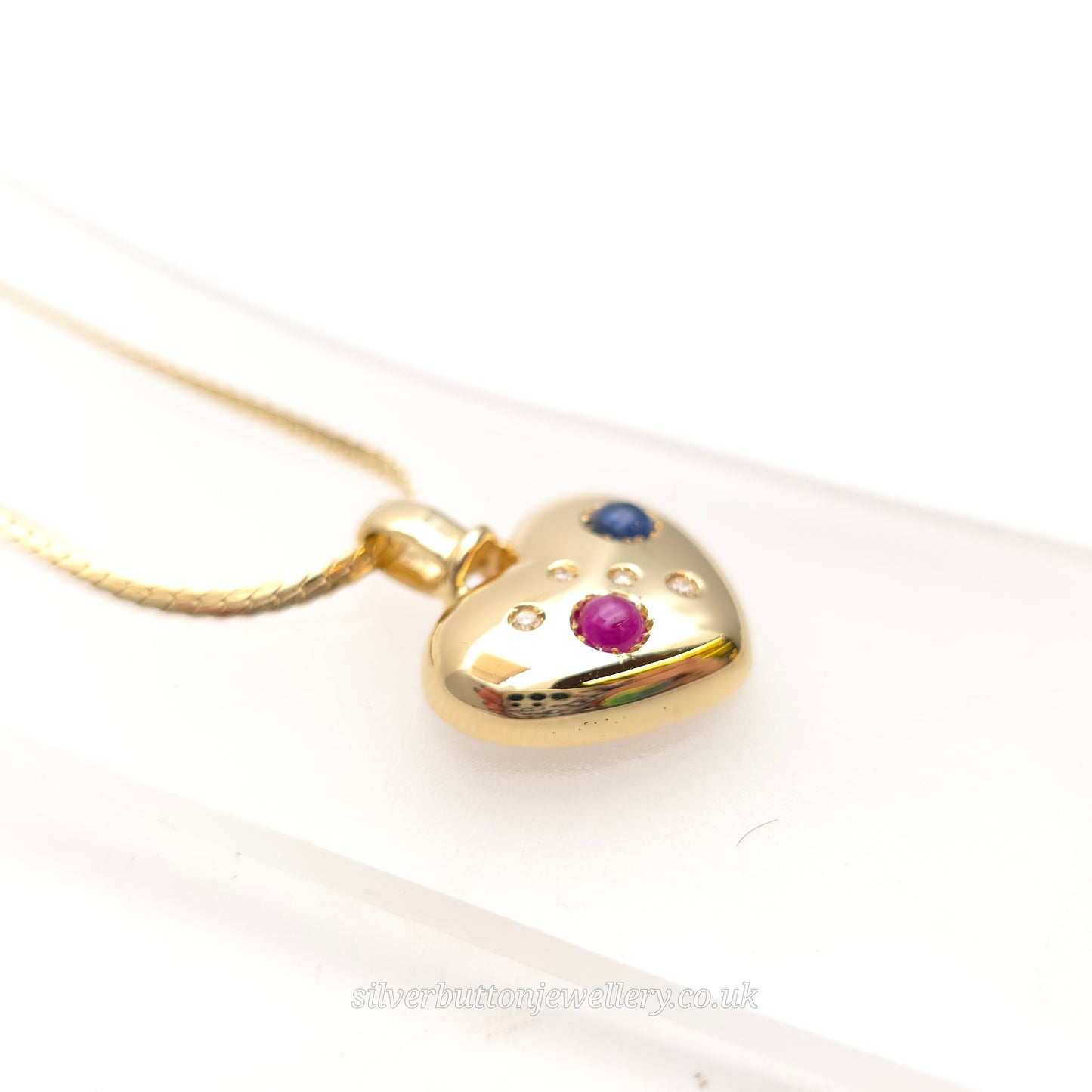 18ct Yellow Gold Vintage Cabochon Ruby And Sapphire And Diamond Heart Necklace