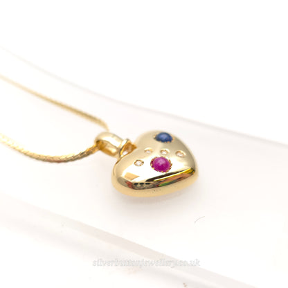 18ct Yellow Gold Vintage Cabochon Ruby And Sapphire And Diamond Heart Necklace