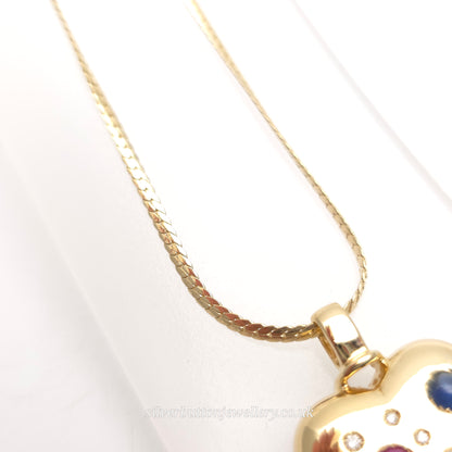 18ct Yellow Gold Vintage Cabochon Ruby And Sapphire And Diamond Heart Necklace