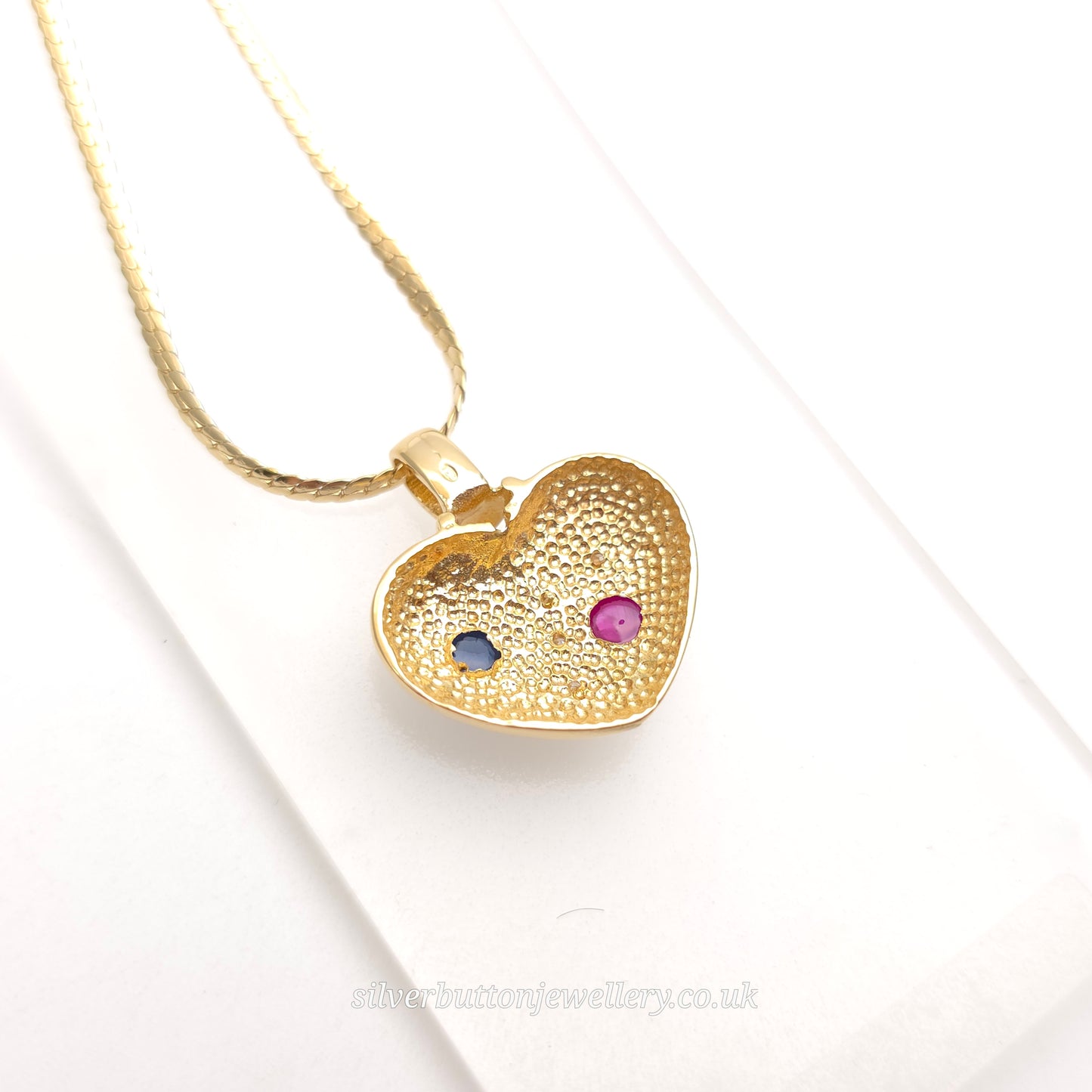 18ct Yellow Gold Vintage Cabochon Ruby And Sapphire And Diamond Heart Necklace