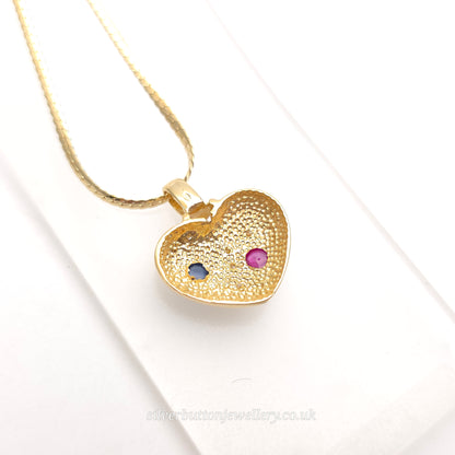 18ct Yellow Gold Vintage Cabochon Ruby And Sapphire And Diamond Heart Necklace