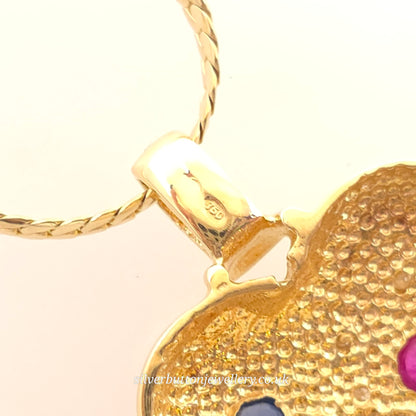 18ct Yellow Gold Vintage Cabochon Ruby And Sapphire And Diamond Heart Necklace