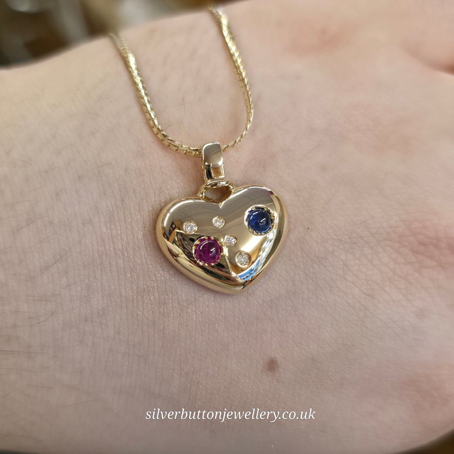 18ct Yellow Gold Vintage Cabochon Ruby And Sapphire And Diamond Heart Necklace