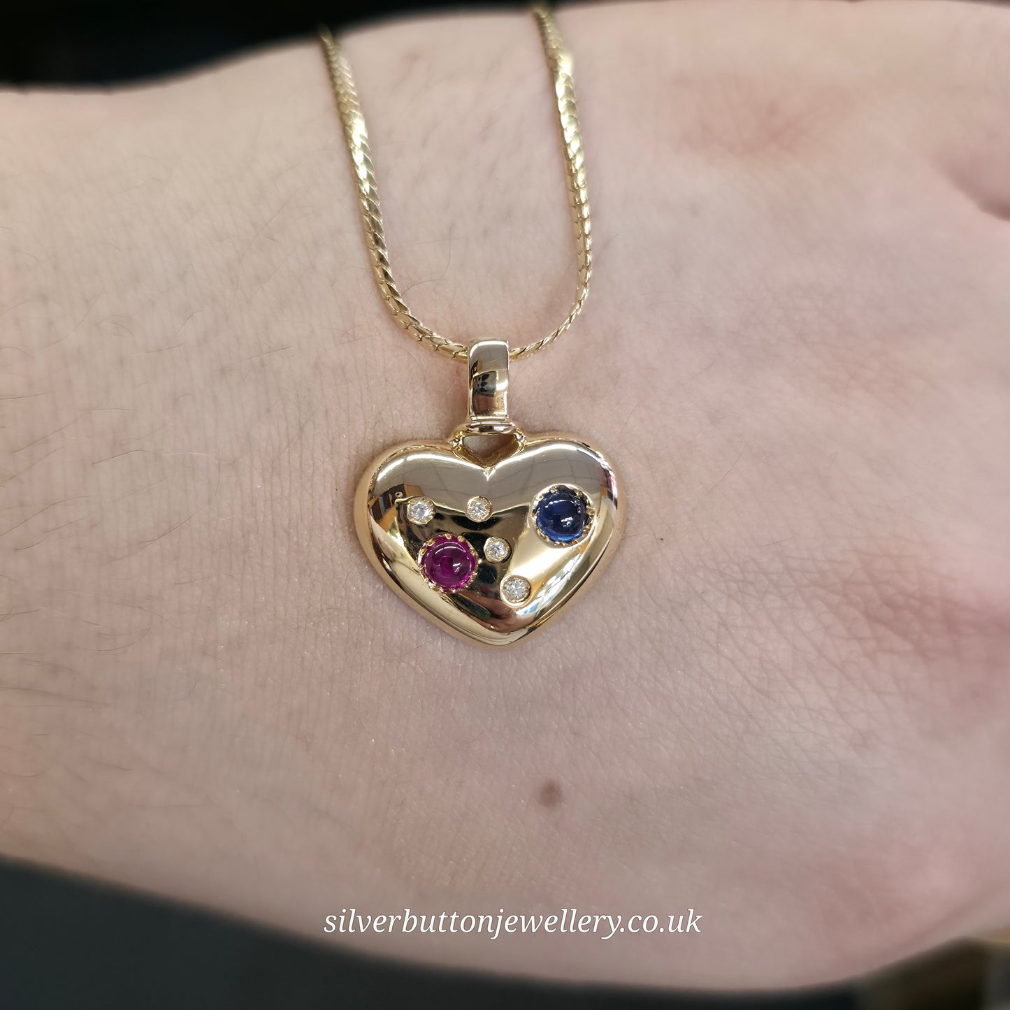 18ct Yellow Gold Vintage Cabochon Ruby And Sapphire And Diamond Heart Necklace