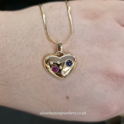18ct Yellow Gold Vintage Cabochon Ruby And Sapphire And Diamond Heart Necklace