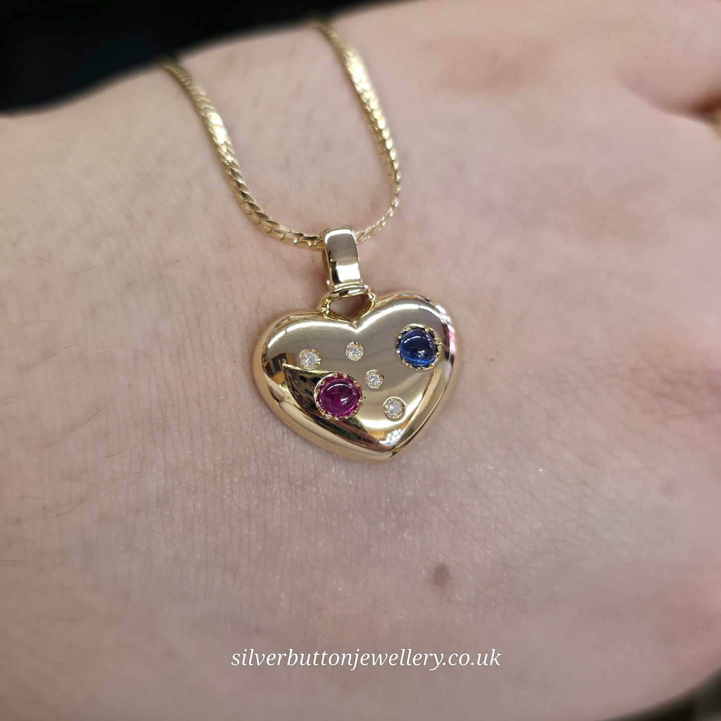 18ct Yellow Gold Vintage Cabochon Ruby And Sapphire And Diamond Heart Necklace
