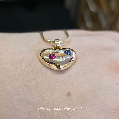 18ct Yellow Gold Vintage Cabochon Ruby And Sapphire And Diamond Heart Necklace