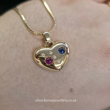 18ct Yellow Gold Vintage Cabochon Ruby And Sapphire And Diamond Heart Necklace