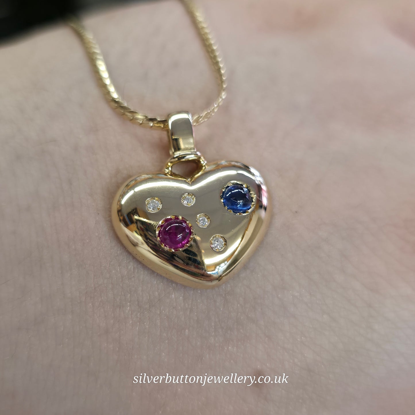 18ct Yellow Gold Vintage Cabochon Ruby And Sapphire And Diamond Heart Necklace