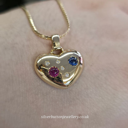18ct Yellow Gold Vintage Cabochon Ruby And Sapphire And Diamond Heart Necklace